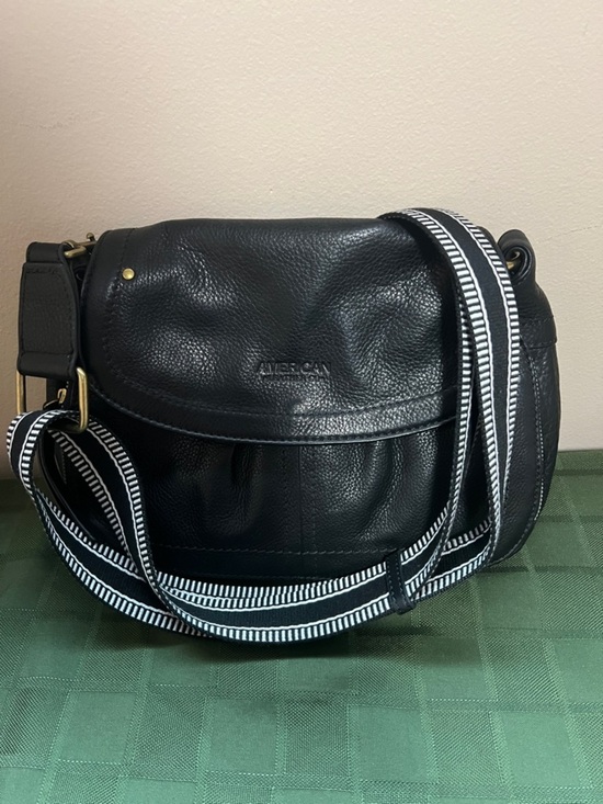 American Leather Co. Handbags - American Leather Co Black Leather Crossbody with Striped Canvas Strap